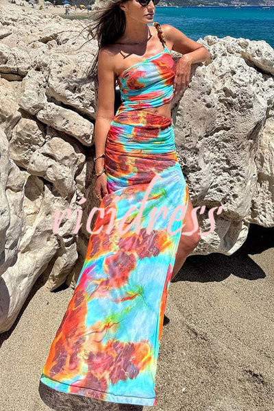 Darla Mesh Tie Dye Print Beaded One Shoulder Ruched Stretch Maxi Dress