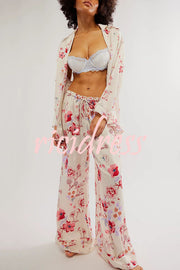 Unique Printed Lounge Long-sleeved Shirt and Elastic Waisted Baggy Pants Set