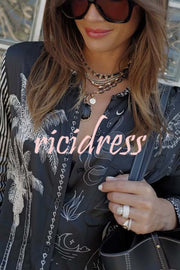 Black Magic Satin Unique Print Long Sleeve Blouse and Elastic Waist Pocket Wide Leg Pants Set