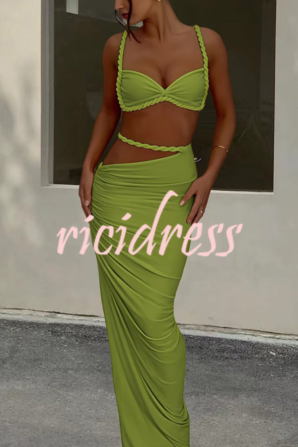 Sexy Halter Back Braided Suspender Top and Beach Holiday Style Hip-wrapped Maxi Skirt Set
