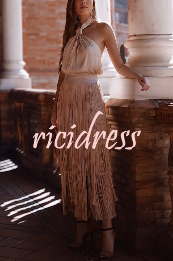 Elegant Tassel Hem Elastic Waist Casual Maxi Skirt