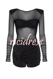 Sexy Mesh See-through Long-sleeved Backless Pleated Rompers