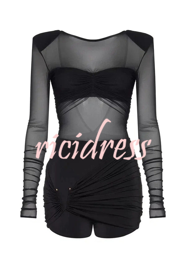 Sexy Mesh See-through Long-sleeved Backless Pleated Rompers
