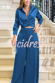 Satin Solid Color Lapel Long Sleeve Blouse and Loose-fitting Pocket Wide Leg Pants Set