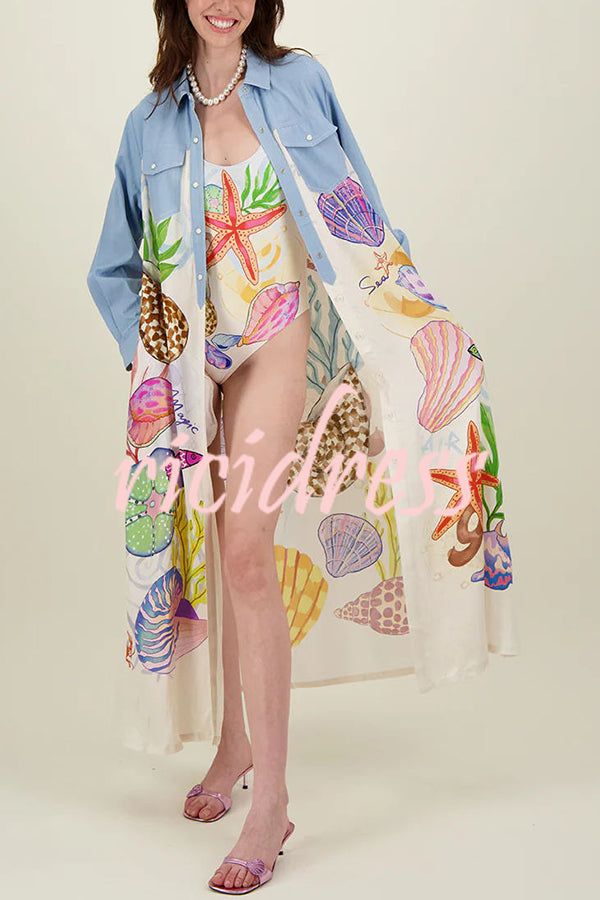 Take A Trip Marine Elements Unique Print Patchwork Pocketed Long Shirt Coat