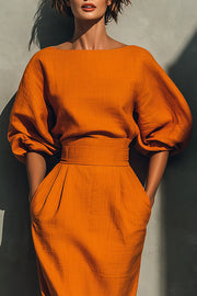 Elegant Puff Sleeve High-waisted Pocket Casual Midi Dress