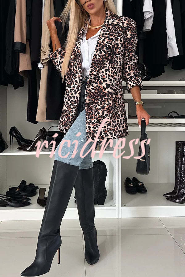 Choose Unique Leopard Print Lapel Long Sleeve Relaxed Blazer