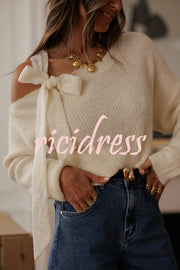 Solid Color Bow Tie Long-sleeved Casual Knit Sweater