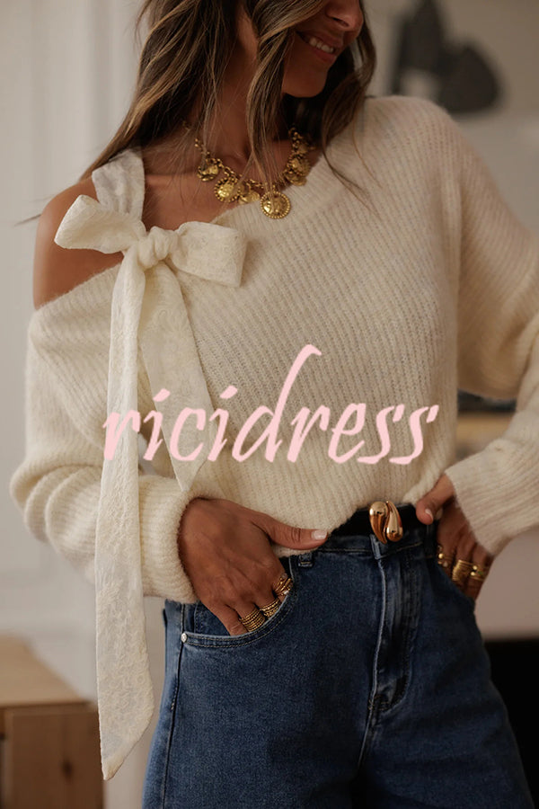 Solid Color Bow Tie Long-sleeved Casual Knit Sweater