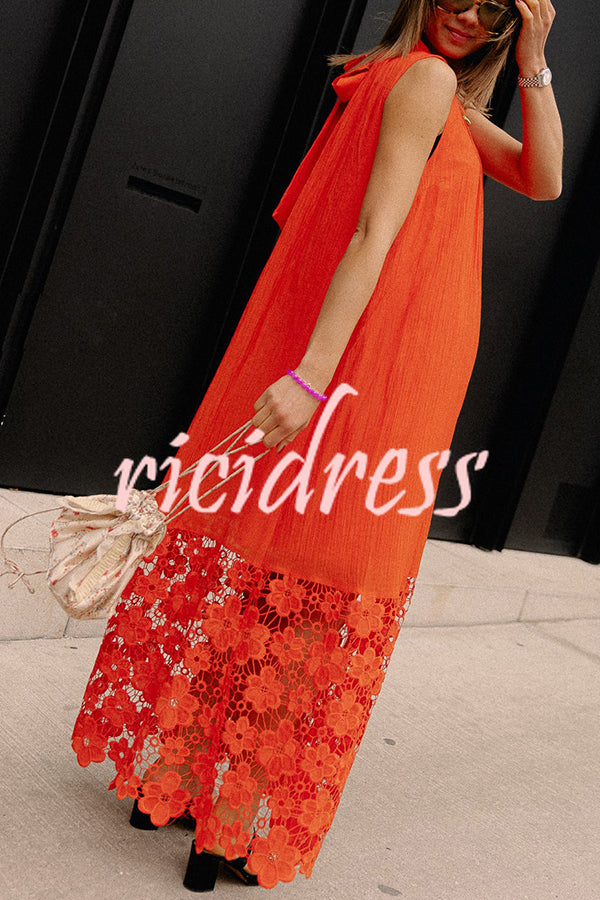 Breezy Comfort Tie-up Neck Sleeveless Floral Lace Hem Maxi Dress