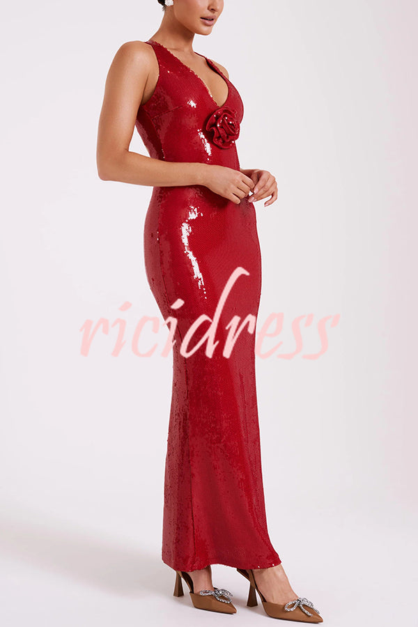 Sicilian Rose Sequin Three-dimensional Floral Sexy Backless Maxi Dress