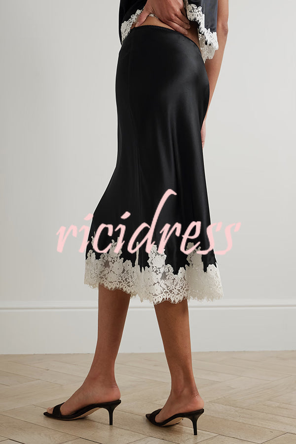 Celebration Look Contrast Color Satin Lace Trim Elastic Waist Drape Midi Skirt