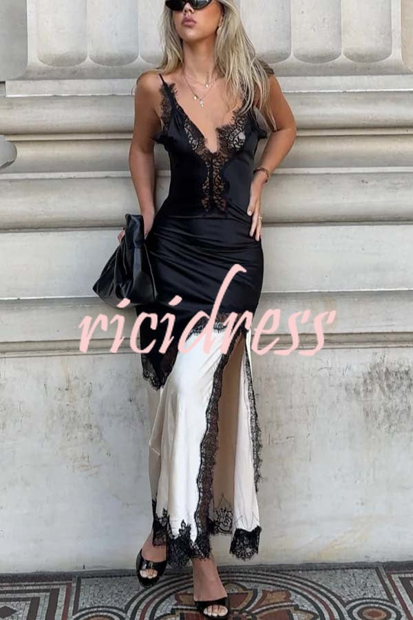 Soft and Romantic Satin Lace Trim Colorblock V-neck Side Slit Maxi Dress