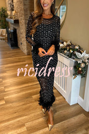 Sexy Long Sleeve Round Neck Feather Edge Rhinestone Decoration Slim Fit Maxi Dress