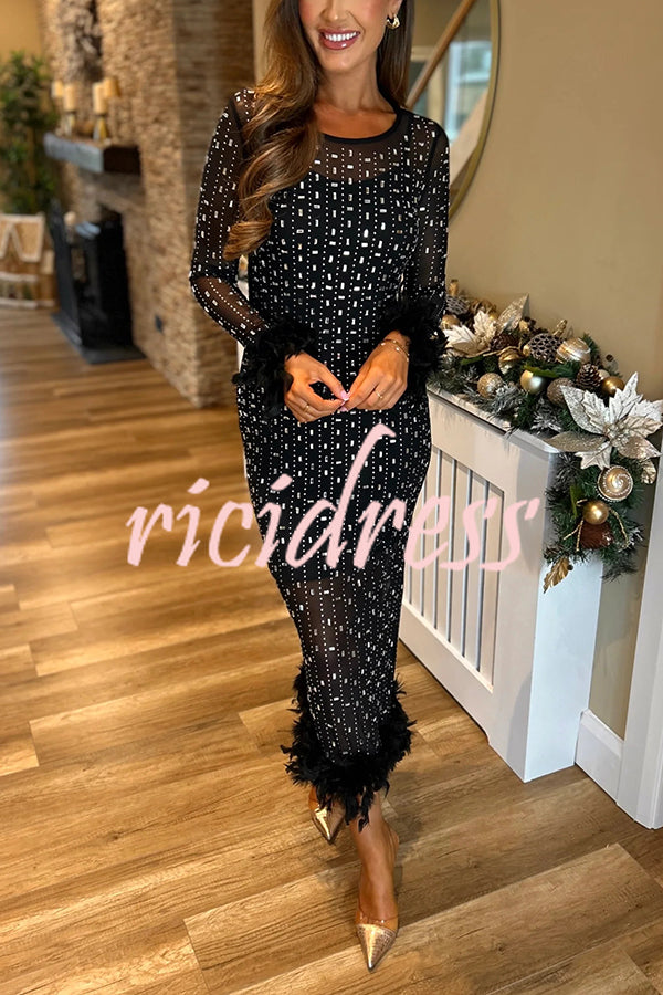 Sexy Long Sleeve Round Neck Feather Edge Rhinestone Decoration Slim Fit Maxi Dress