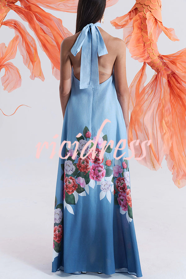 Blooming Flowers Satin Printed A-line Halter Tie-up Maxi Dress