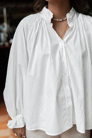 Solid Color V-neck Ruffled Lantern Sleeve Loose Casual Shirt
