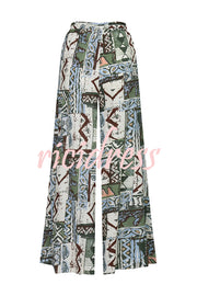 Terrace View Off Shoulder Tie Loose Top and Elastic Waist Unique Print Loose Pants Set