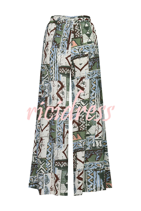 Terrace View Off Shoulder Tie Loose Top and Elastic Waist Unique Print Loose Pants Set