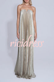 Maya Pleated Metallic Fabric Off Shoulder Asymmetric Hem A-line Maxi Dress