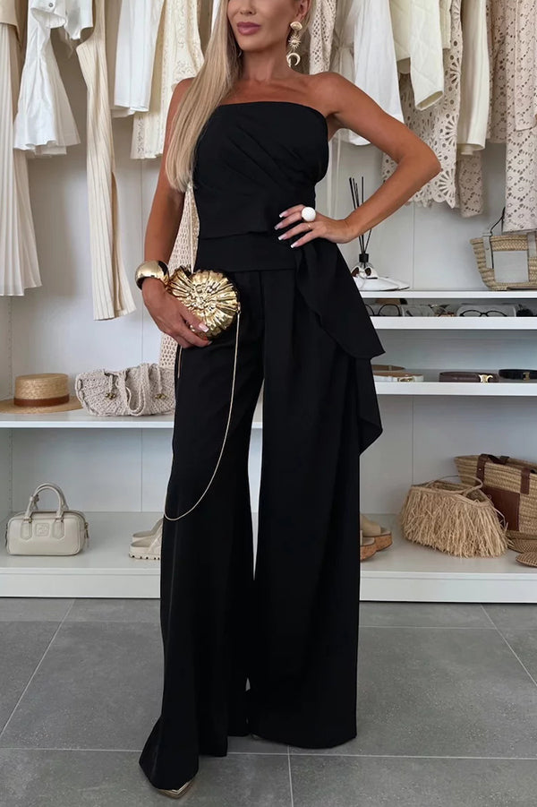 Elegant Solid Color Asymmetric Ruffles Bandeau Top and High Waist Wide Leg Pants Set