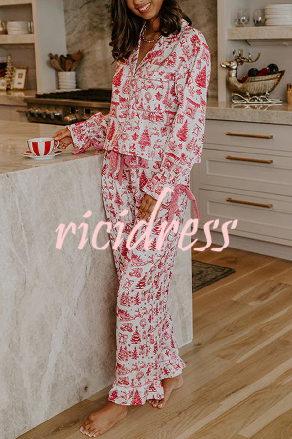 Christmas Night Satin Loose Shirt and Elastic Waist Pocketed Pajama Set