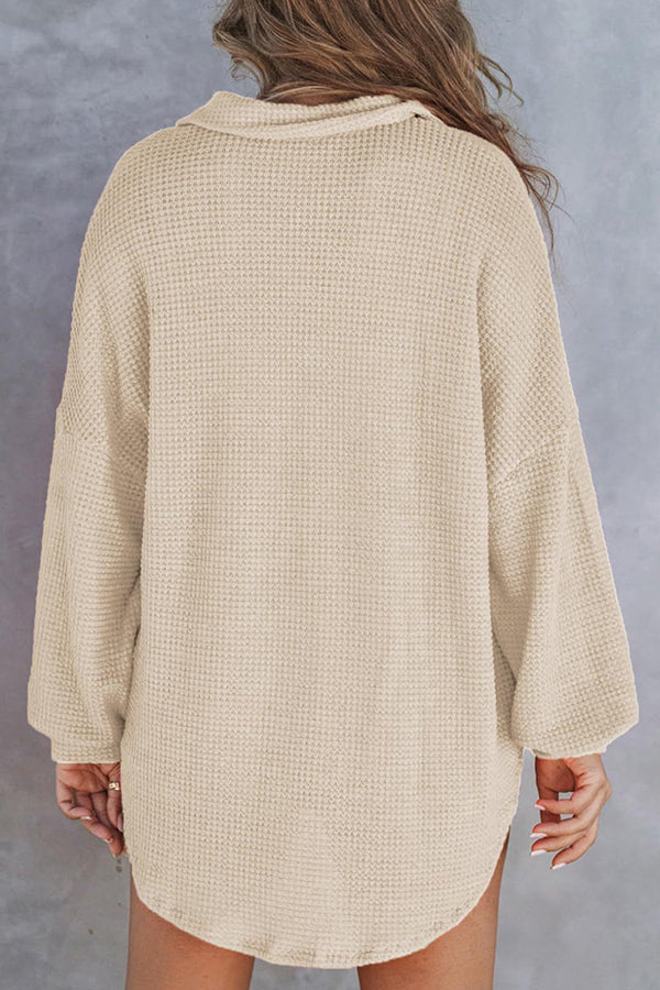 Solid Color Waffle Loose Casual Knitted Pocket Top