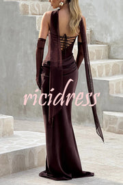 Liora Ruched Cowl Neck Sheer Mesh Waist Off Shoulder Scarf Maxi Dress