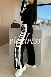 Sporty Chic Striped Patchwork Sweatshirt and Elastic Waist Side Button Up Loose Pants Set