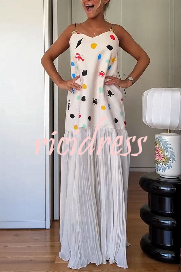 Ocean Dot Unique Print Starfish Metal Strap Pleated Chiffon Hem Maxi Dress