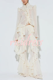 Fashionable Ruffled Elastic Waist Holiday Style Flared Pants