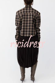 Vintage Plaid Shoulder Pad Buttons Long Sleeve Angled Hem Shirt