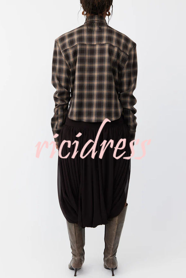 Vintage Plaid Shoulder Pad Buttons Long Sleeve Angled Hem Shirt