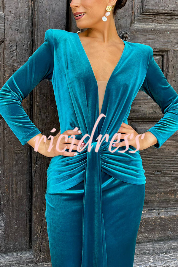 Elisabeth Luxurious Velvet Padded Shoulders Long Sleeve Twist Waist Drape Midi Dress