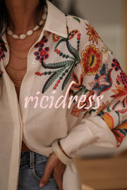 Botanical Print Loose Lapel Long Sleeve Casual Shirt