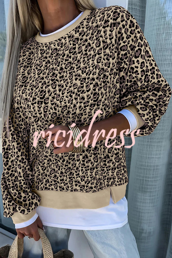 Leopard Print Crew Neck Patchwork Long sleeve Casual Loose Sweatshirt