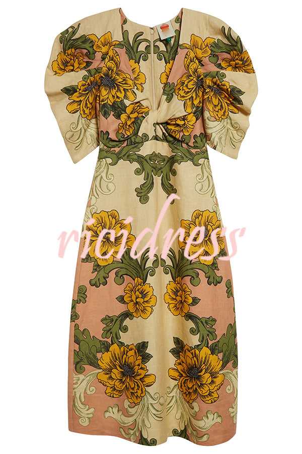 Flower Vine Linen Blend Unique Print Twist Cutout Neck Puff Sleeve Midi Dress