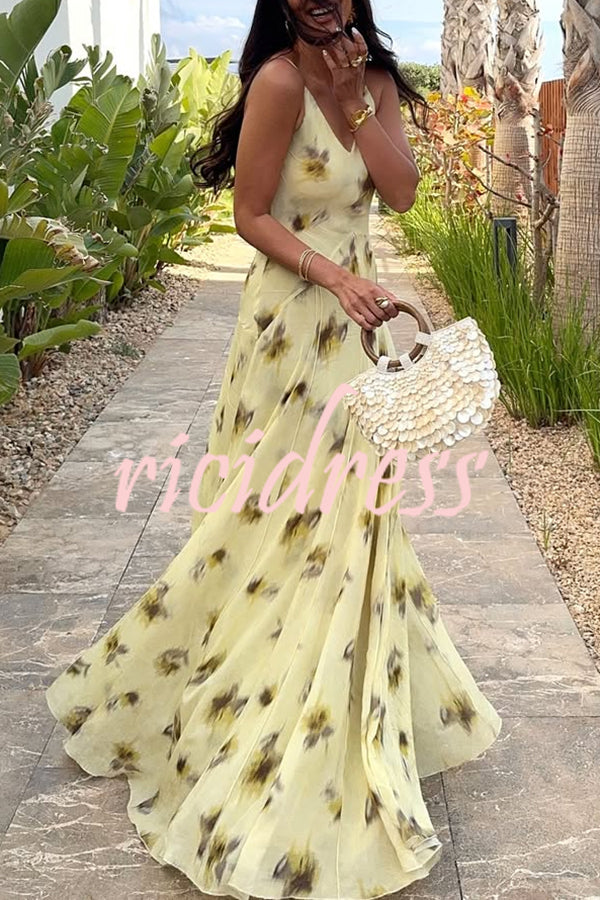 Sunset Glow Floral Print V-neck Thin Straps Flare Hem Maxi Dress