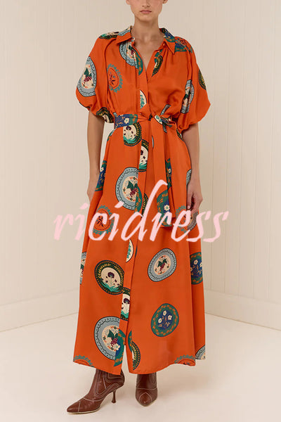 Linen Blend Unique Print Lapel Loose Tie Cardigan Maxi Dress
