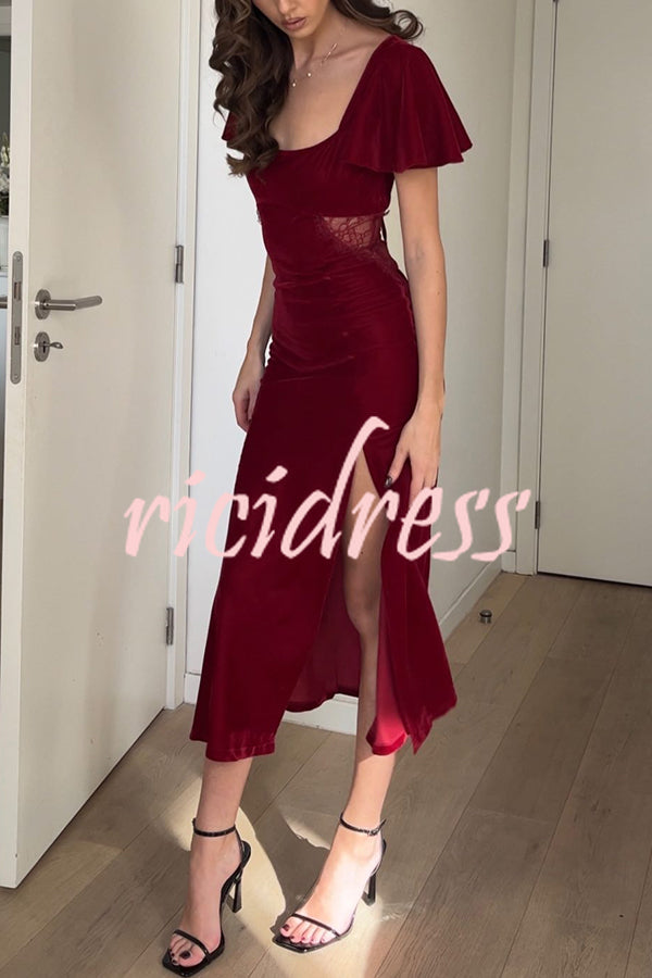 Yumi Velvet Lace Patchwork Bell Sleeve Back Lace-up Slit Midi Dress