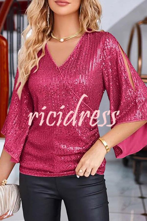 Solid Color Sequined V-neck Hollow Sleeve Slim Fit Top