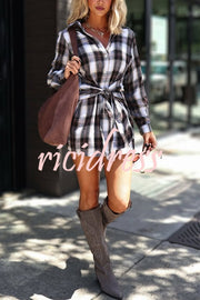 Ashroot Plaid Button Up Wrap Tie Long Sleeve Shirt Mini Dress