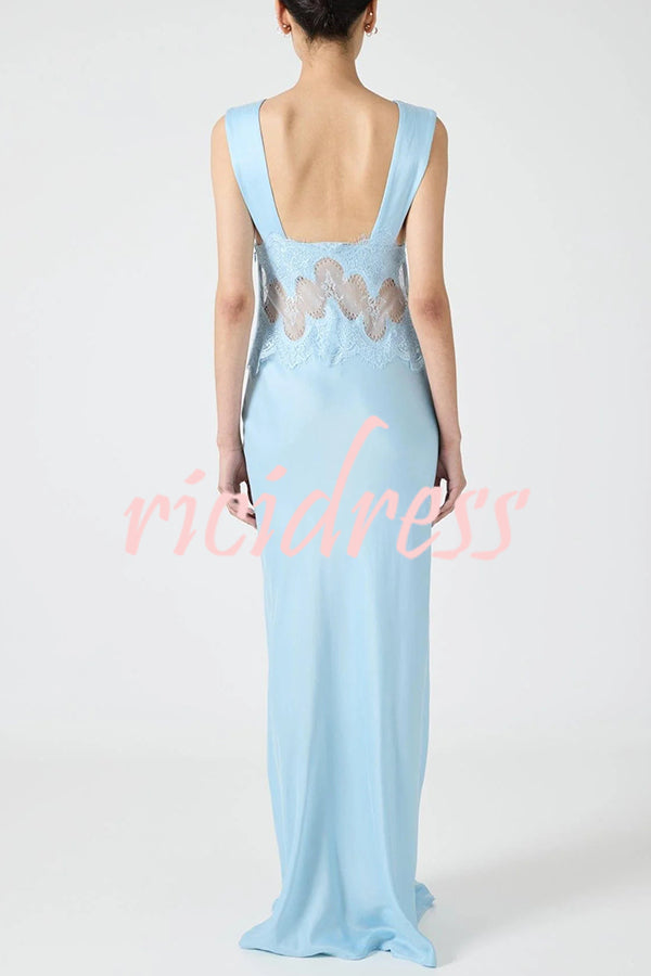 Wonderful Fusion Satin Lace Trim See-through Waist V-neck Drape Maxi Dress
