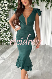 Gala Ready Tiered Ruffle Detail Ruched Formal Midi Dress