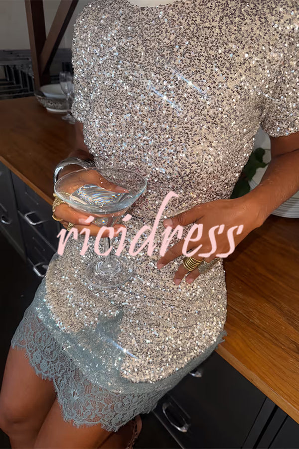 Power of Styling Sequin Lace Trim Elastic Waist Mini Skirt