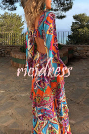 Colorful Day Unique Print Bell Sleeve Cutout Waist Layered Maxi Dress