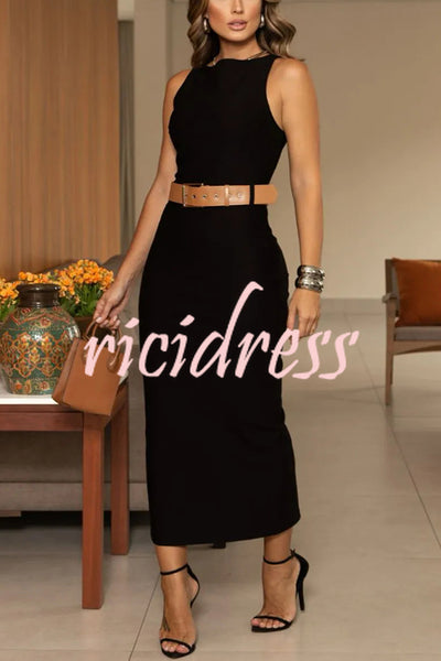 Solid Color Crew Neck Sleeveless Belted Midi Dress