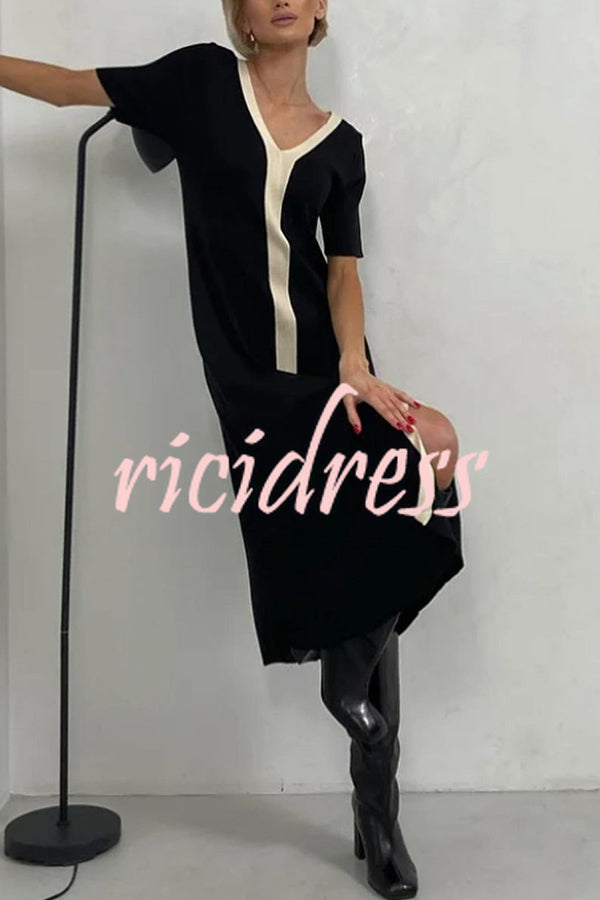 Fashionable V-neck Slim Fit Waist Knitted Midi Dress