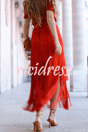 Elegant Tassel Hem Elastic Waist Casual Maxi Skirt