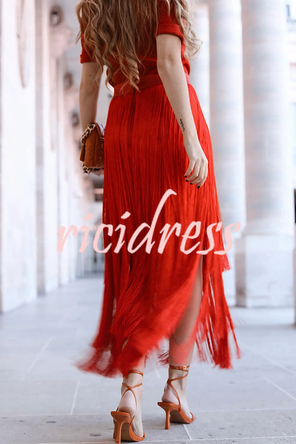 Elegant Tassel Hem Elastic Waist Casual Maxi Skirt